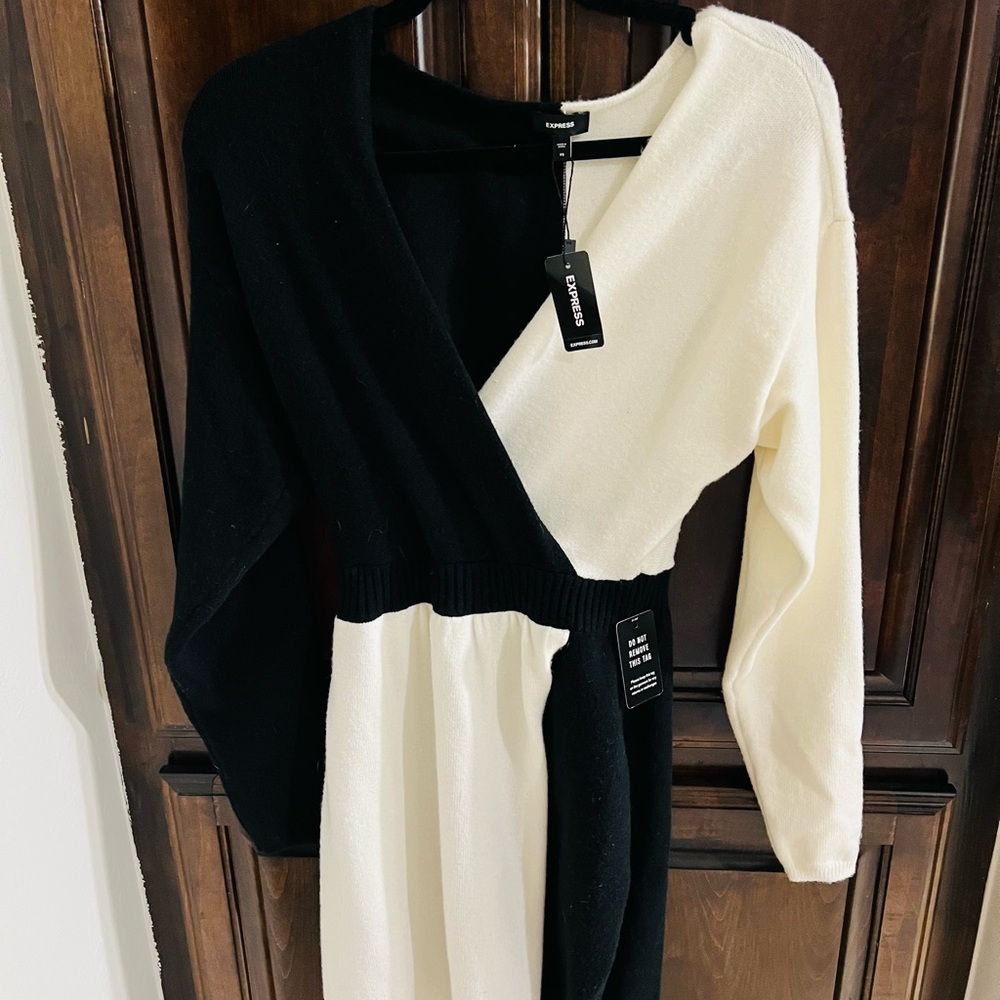 Express colorblock wrap sweater dress in black and ivory/white.
